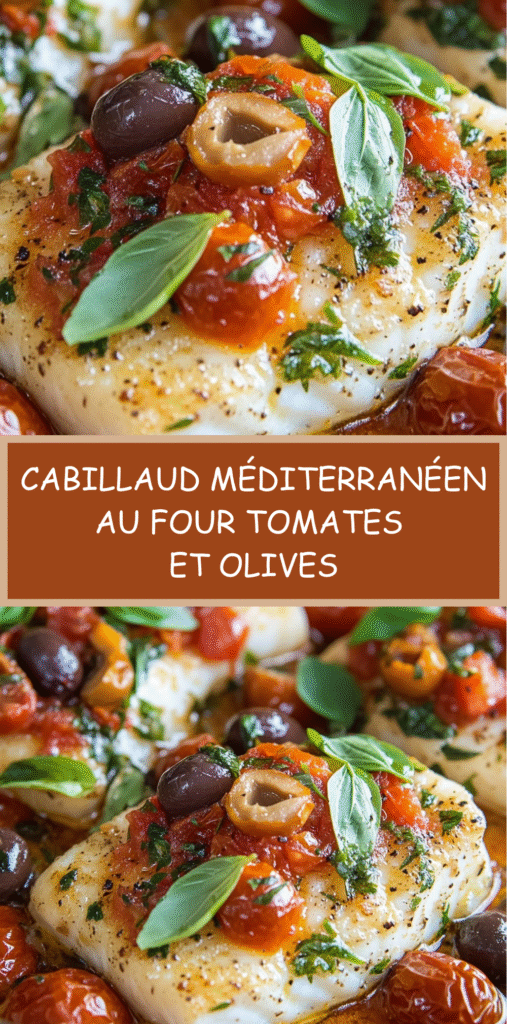 Filets de cabillaud cuits au four avec tomates cerises et olives, baignés d’huile d’olive et d’herbes méditerranéennes.