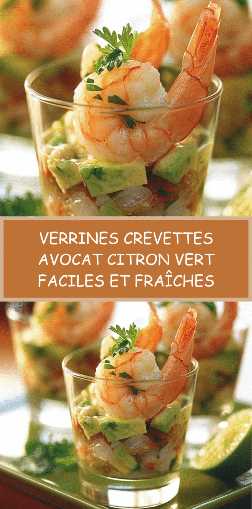 Verrines composées de couches d’avocat écrasé, tomates et crevettes, décorées d’herbes et de zeste de citron vert.