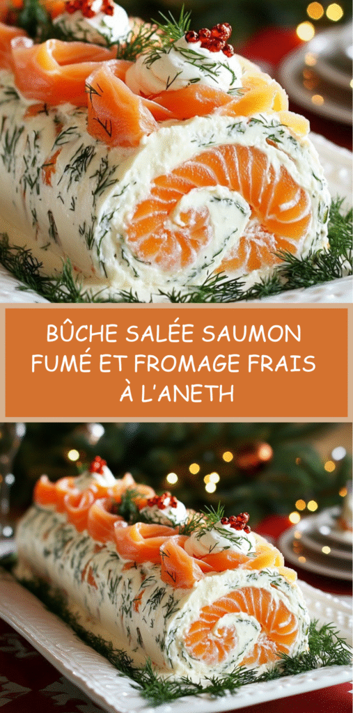 Bûche salée roulée au saumon fumé garnie de fromage frais à l’aneth, présentée sur un plat décoré de citron et herbes.