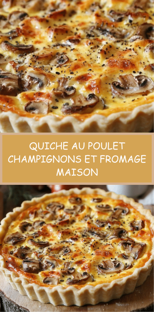 Quiche au poulet dorée, champignons et fromage dans un moule à tarte.