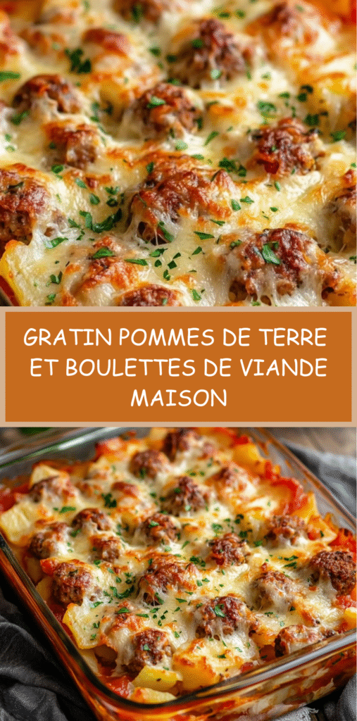 Gratin doré de pommes de terre et boulettes de viande dans un plat familial.