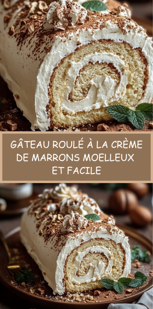 Gâteau roulé à la crème de marrons décoré de sucre glace et morceaux de marrons glacés.