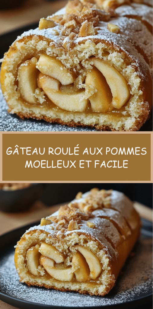 Gâteau roulé aux pommes garni de pommes caramélisées et saupoudré de sucre glace.