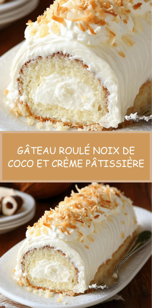 Gâteau roulé à la noix de coco garni de crème pâtissière, saupoudré de noix de coco râpée.