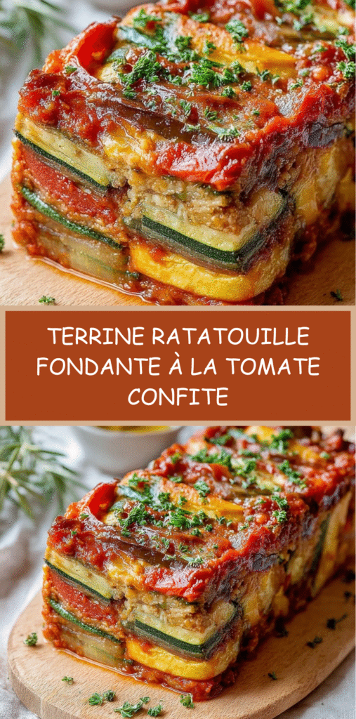 Terrine de ratatouille fondante avec courgettes, aubergines et tomate confite, servie en tranches.