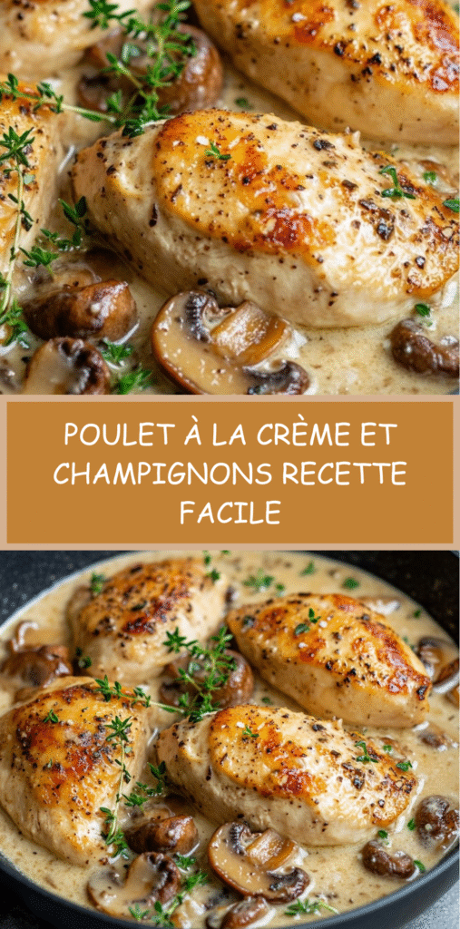 Assiette de poulet à la crème et champignons avec sauce onctueuse, décorée de persil.
