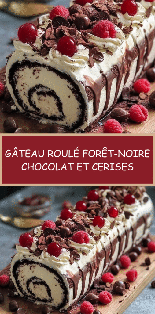 Gâteau roulé Forêt-Noire garni de chantilly, cerises et copeaux de chocolat.