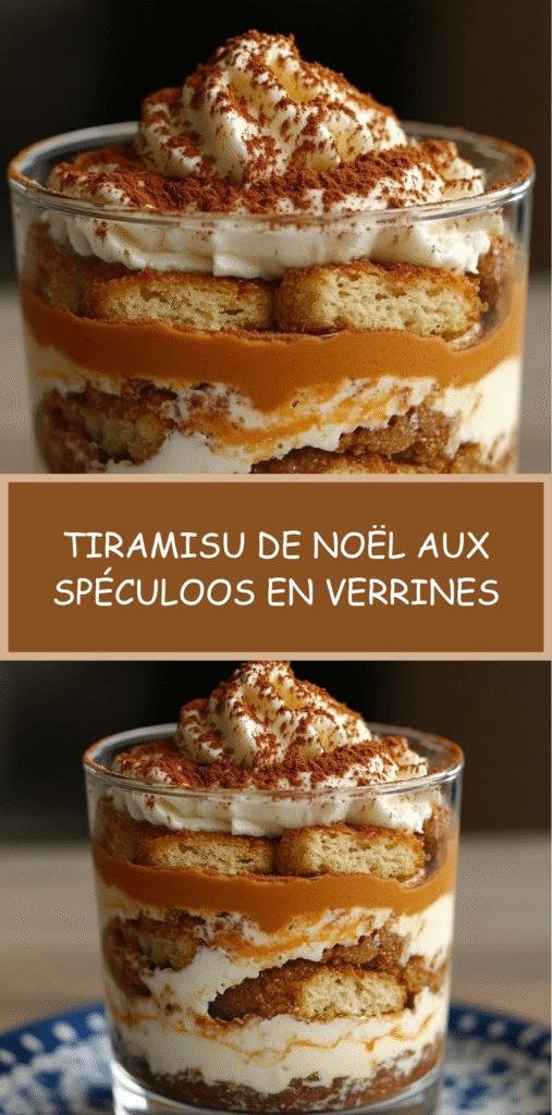 Verrines de tiramisu de Noël aux spéculoos avec couches de crème, café et pâte de spéculoos.