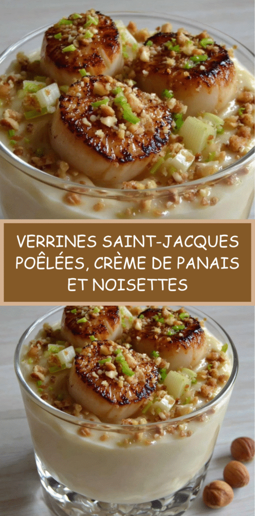 Verrines gastronomiques de Saint-Jacques poêlées posées sur une crème de panais, décorées de noisettes et oignon nouveau.