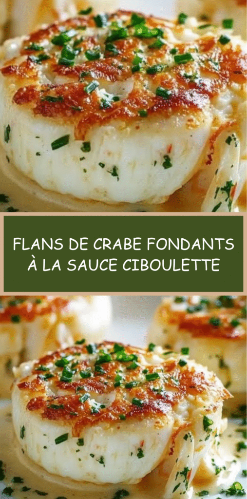 Flans de crabe individuels nappés de sauce crémeuse à la ciboulette dans une assiette élégante.