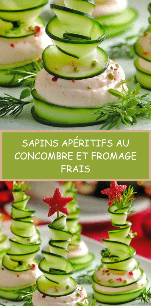 Sapins apéritifs en rubans de concombre posés sur une base de fromage frais aux herbes avec étoile rouge décorative.