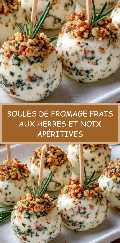 Boules de fromage frais roulées dans des noix concassées avec herbes et pics décoratifs.