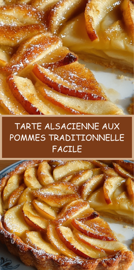 Tarte alsacienne aux pommes avec rosace de pommes et flan vanillé sur pâte sablée dorée.