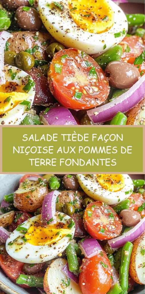 Salade tiède façon niçoise composée de pommes de terre fondantes, œufs mollets, tomates cerises, olives et haricots verts dans un grand saladier.