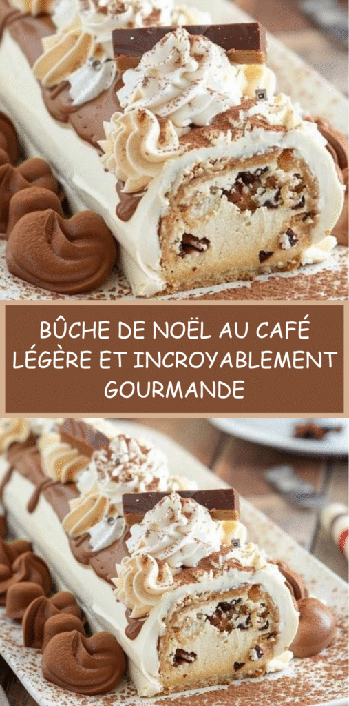 Bûche de Noël roulée au café, décorée de cacao et grains de café.