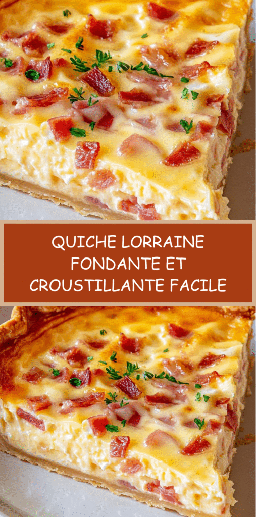 Quiche Lorraine dorée et fondante, coupée en parts, avec lardons et fromage dans une pâte croustillante.