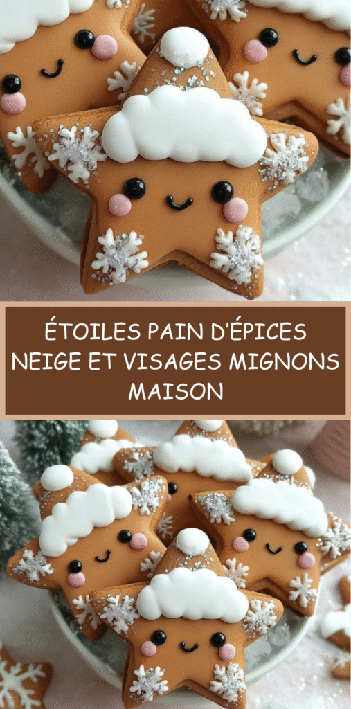 Biscuits étoiles en pain d’épices décorés de bonnets neige blancs et de petits visages souriants avec paillettes hivernales.
