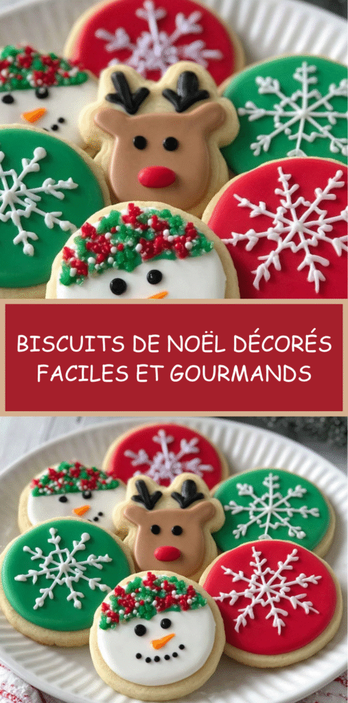 Biscuits de Noël décorés avec glaçage coloré en flocons, rennes et bonhommes de neige, prêts à être dégustés.