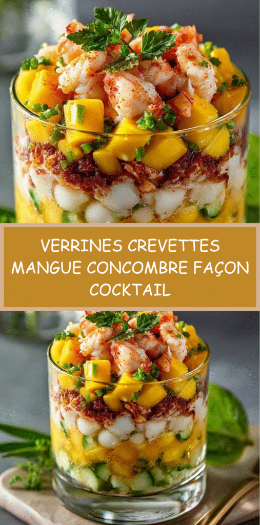 Verrines crevettes composées de mangue, concombre et couches fraîches assemblées en étage.