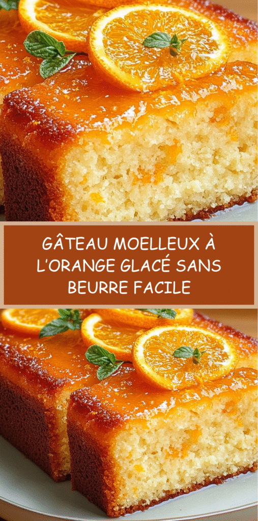 Gâteau moelleux à l’orange nappé d’un glaçage brillant avec rondelles d’orange en décor.