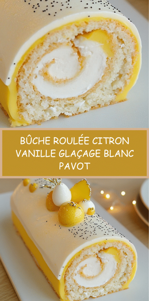 Bûche roulée citron–vanille nappée d’un glaçage blanc brillant, décorée de graines de pavot et segments de citron.
