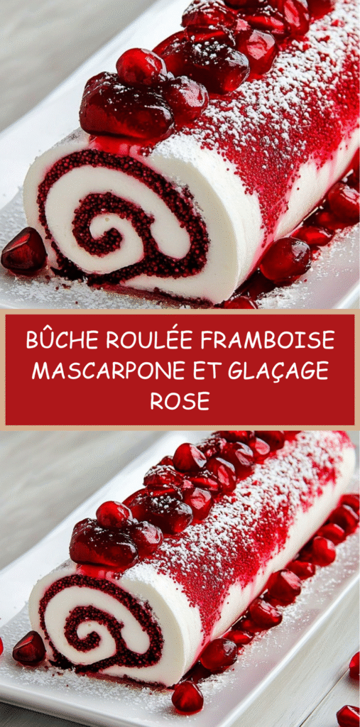 Bûche roulée à la framboise nappée d’un glaçage rose, décorée de framboises fraîches et biscuits émiettés.