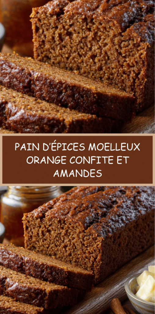 Pain d’épices moelleux parsemé d’amandes et de dés d’orange confite, tranché sur une planche en bois.