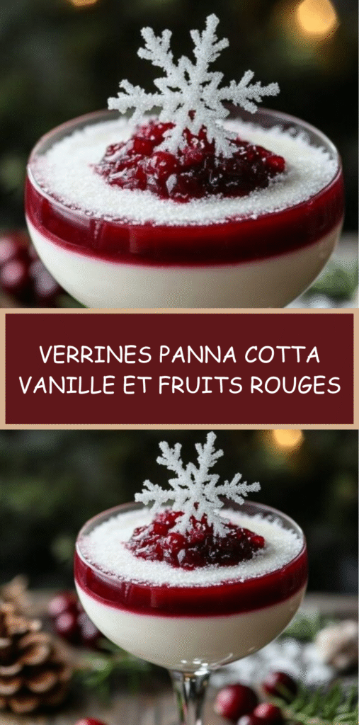 Verrines de panna cotta vanille nappées de coulis de fruits rouges, décorées façon dessert de Noël.
