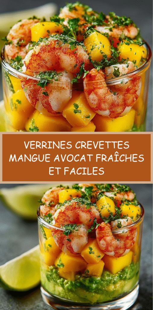 Verrines composées de crevettes, mangue et avocat en couches colorées, présentées pour une entrée festive.