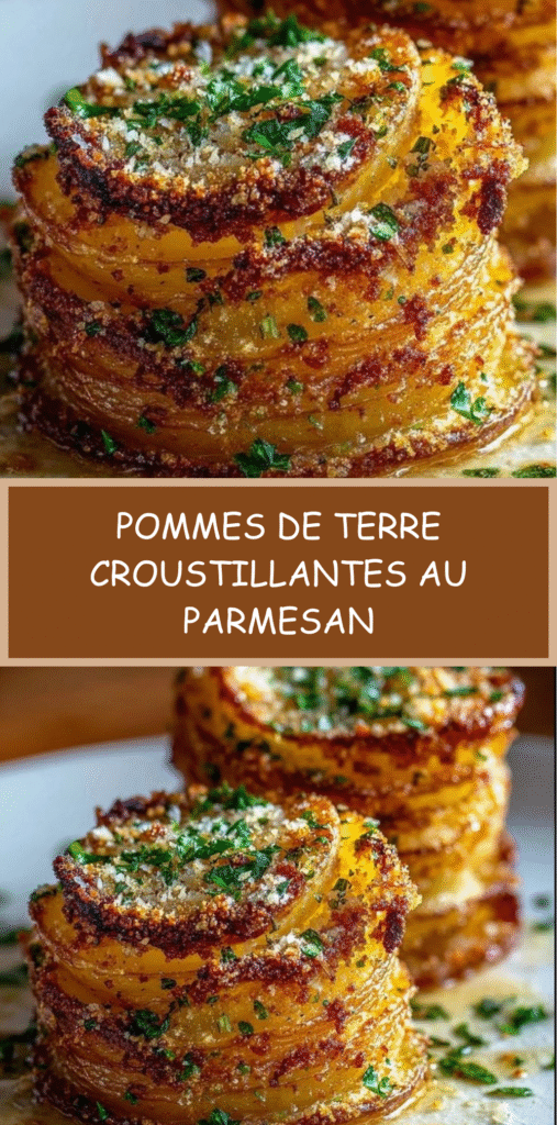 Pommes de terre au four croustillantes au parmesan, dorées et empilées, parsemées de persil frais.
