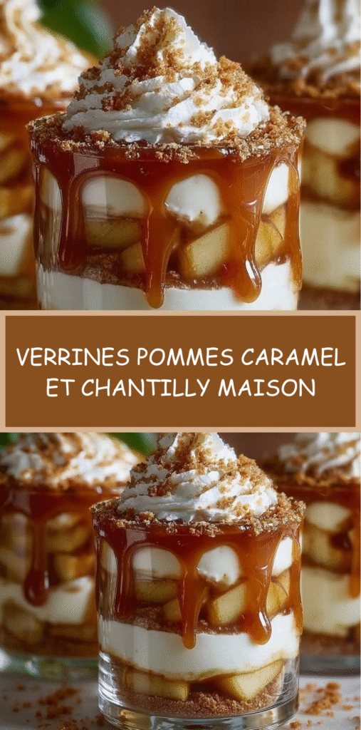 Verrines pommes dessert composées de pommes caramélisées, caramel doré et chantilly vanillée, servies en couches.