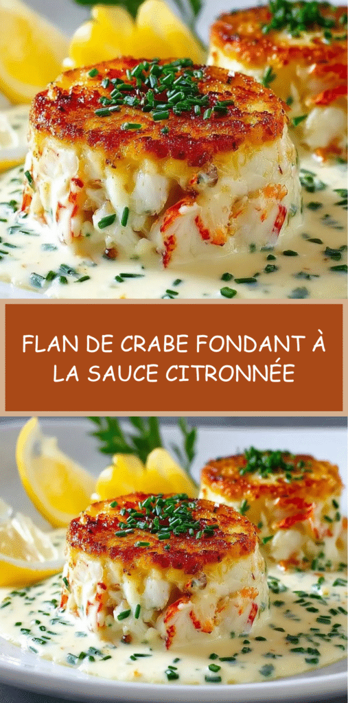 Flan de crabe fondant nappé de sauce citronnée, servi en entrée élégante avec ciboulette fraîche.