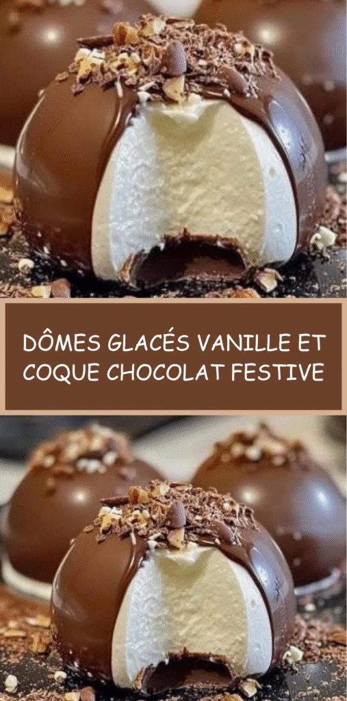 Dômes glacés à la vanille recouverts d’une coque en chocolat brillant, décorés d’éclats de fruits secs.