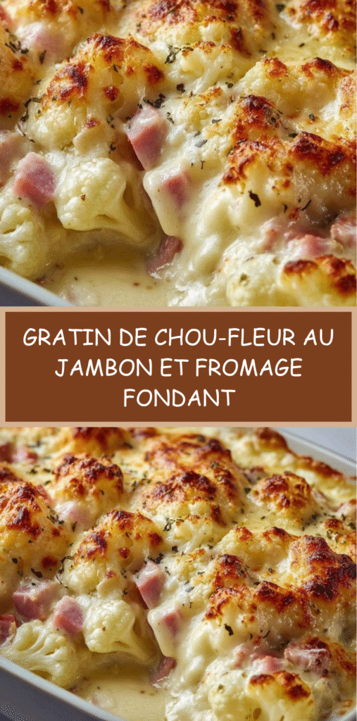 Gratin de chou-fleur au jambon et fromage doré au four, servi dans un plat familial.