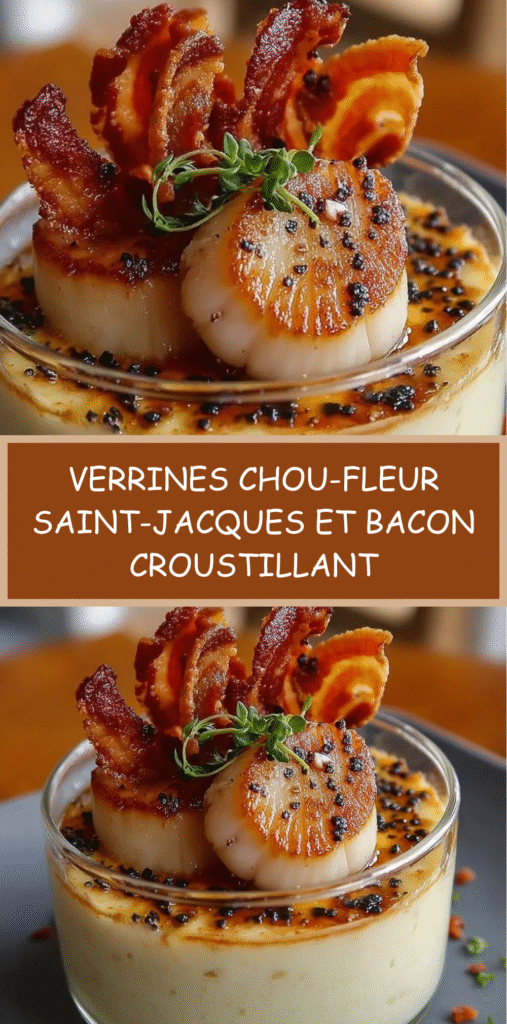 Verrines de crème de chou-fleur onctueuse garnies de noix de Saint-Jacques dorées et de bacon croustillant.