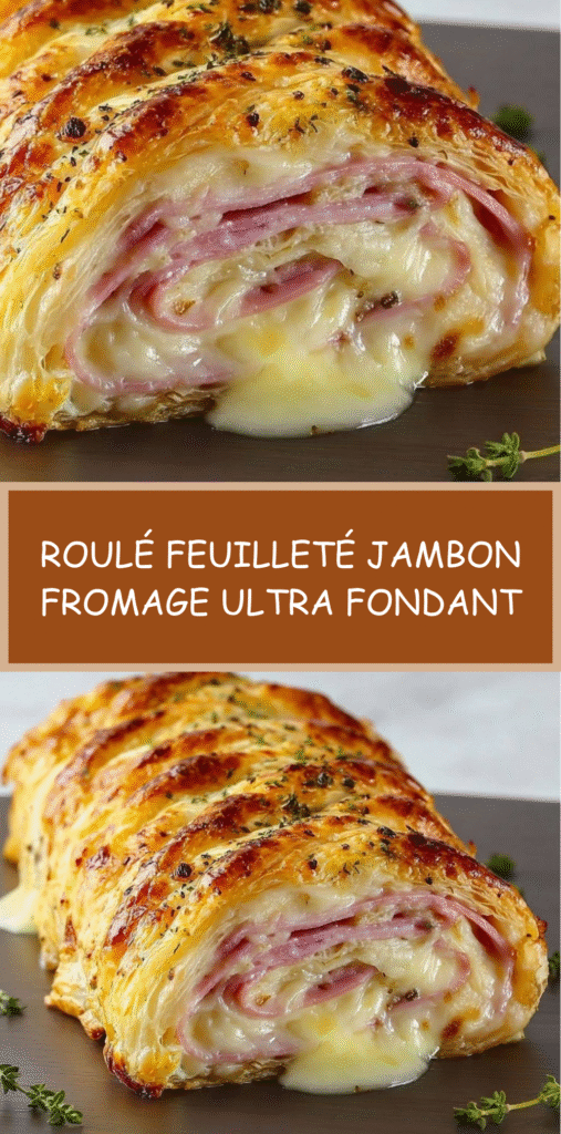 Roulé feuilleté au jambon et fromage doré au four, tranché et servi chaud avec une salade.