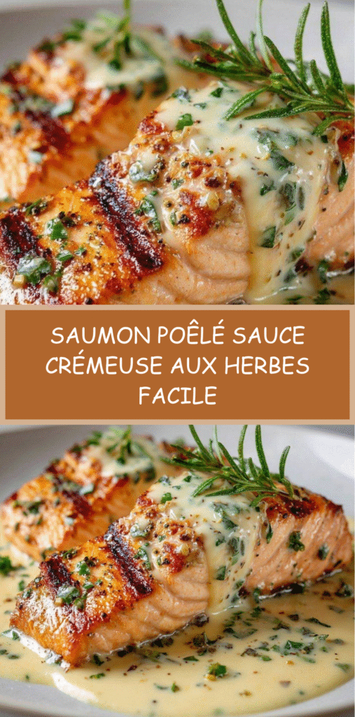 Pavés de saumon poêlé nappés de sauce crémeuse aux herbes, servis dans une poêle avec citron et herbes fraîches.