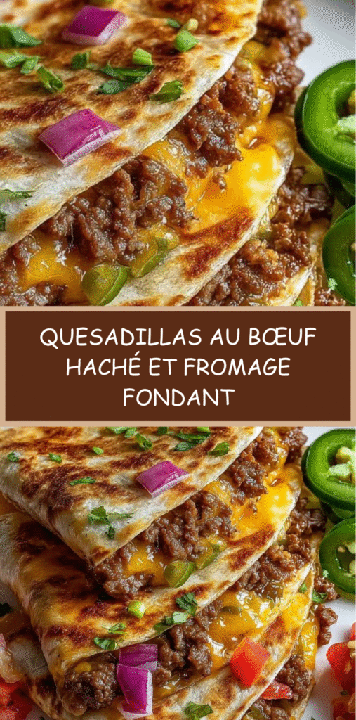 Quesadillas au bœuf haché et cheddar fondu, dorées à la poêle et servies avec salsa et guacamole.