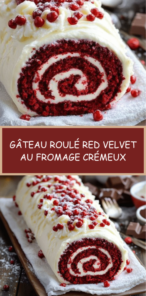 Gâteau roulé Red Velvet garni de crème au fromage, saupoudré de sucre glace et décoré de groseilles rouges.