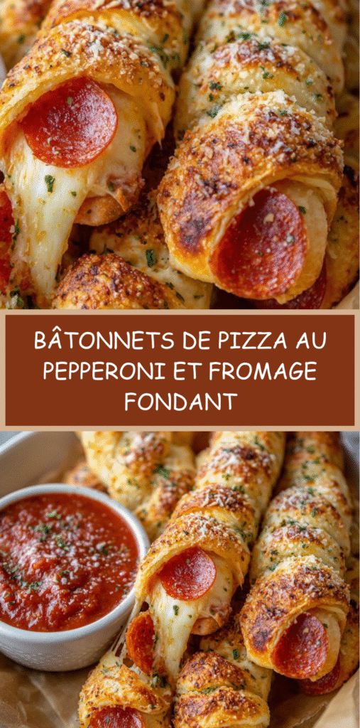 Bâtonnets de pizza au pepperoni et fromage dorés au four, servis avec une sauce marinara chaude.