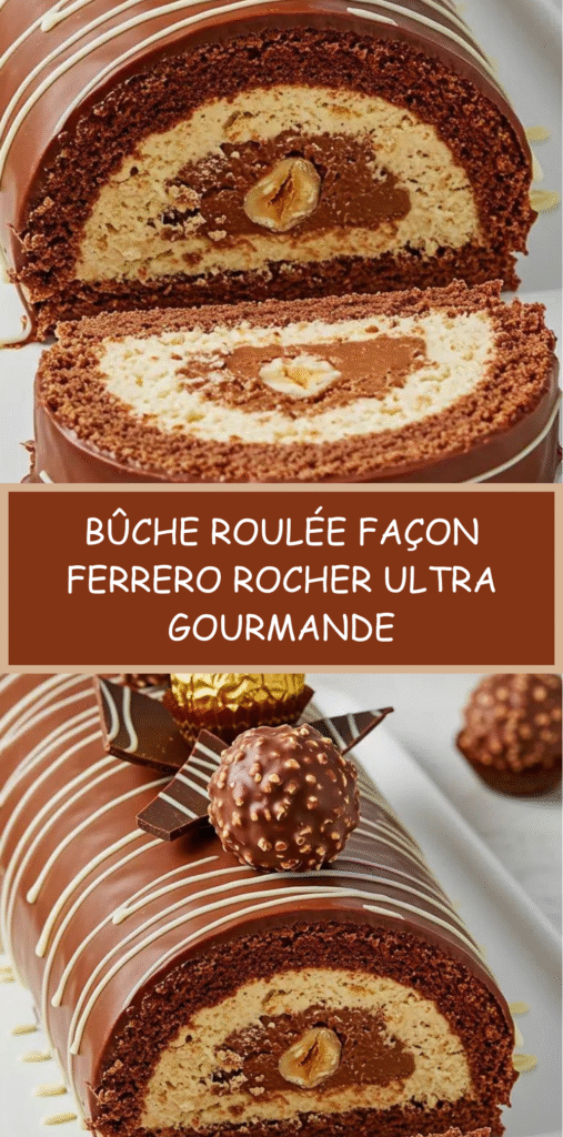 Bûche roulée au chocolat façon Ferrero Rocher avec glaçage rocher croquant et décor de chocolats Ferrero.