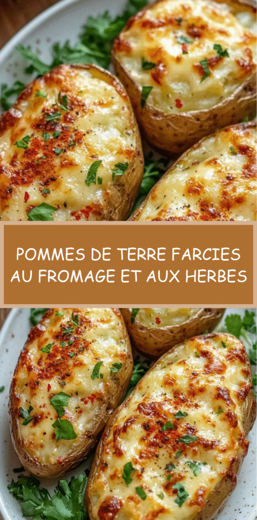 Pommes de terre farcies au fromage fondu et aux herbes fraîches, dorées au four et servies chaudes.