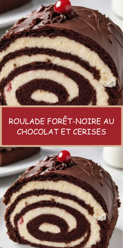 Roulade Forêt-Noire au chocolat garnie de crème fouettée et de cerises, décorée de copeaux de chocolat.