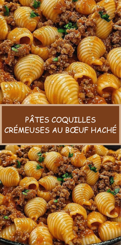 Pâtes coquilles crémeuses au bœuf haché, sauce tomate onctueuse et fromage fondu, servies chaudes dans une assiette.