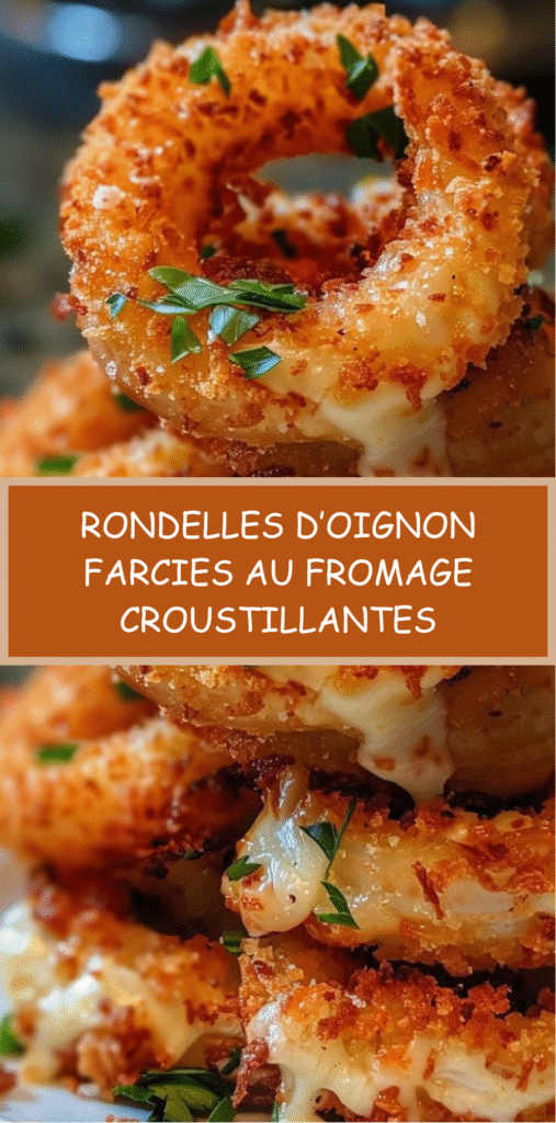 Rondelles d’oignon farcies à la mozzarella, panées et dorées, servies chaudes avec une sauce marinara.
