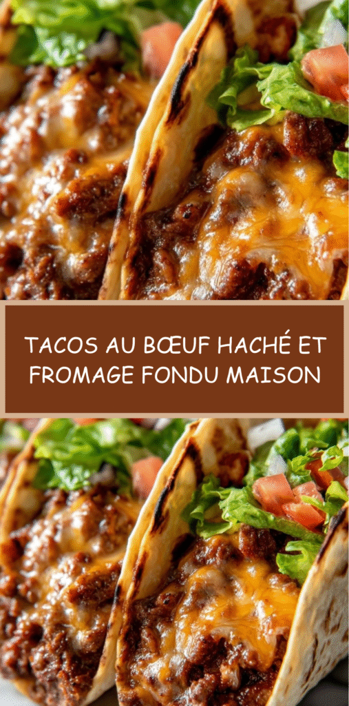 Tacos au bœuf haché assaisonné, fromage fondu, laitue croquante et tomates fraîches.