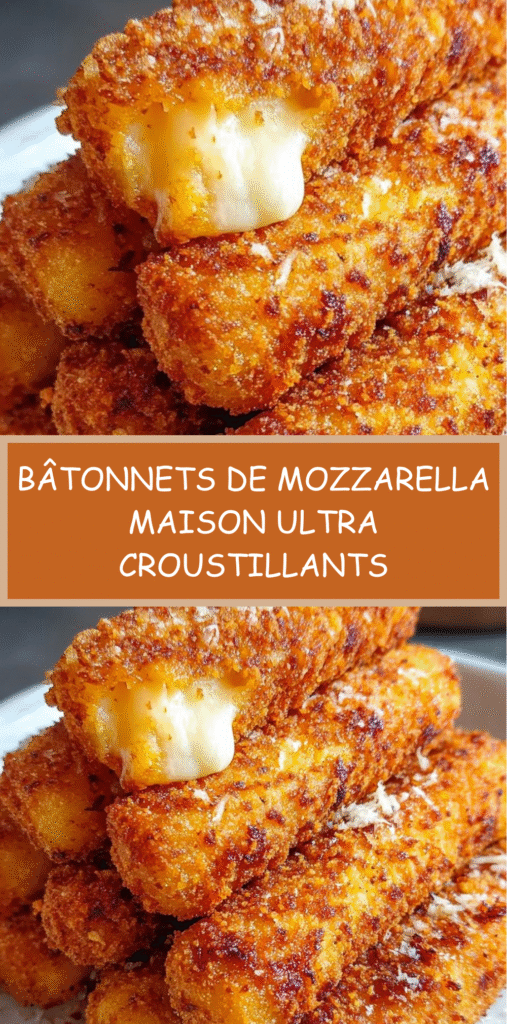 Bâtonnets de mozzarella panés et dorés, croustillants à l’extérieur et au fromage filant à l’intérieur, servis avec une sauce marinara.