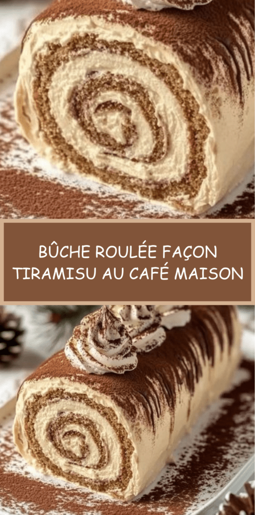 Bûche roulée façon tiramisu, garnie de crème mascarpone et saupoudrée de cacao, présentée sur un plat de fête.