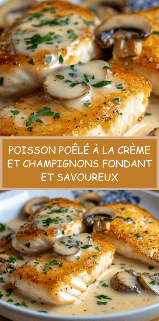 Filets de poisson poêlés nappés de sauce crémeuse aux champignons et persil frais, servis dans une assiette.