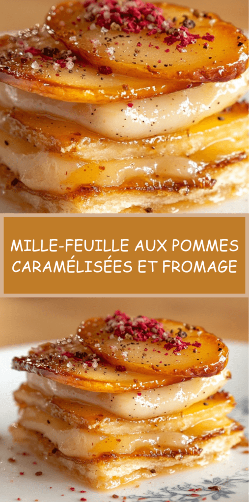Mille-feuille feuilleté croustillant aux pommes caramélisées et fromage fondant, finition poivre et baies roses.